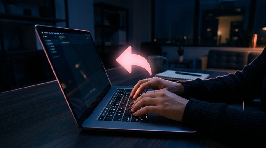 Tangan mengetik balasan di laptop dengan satu panah balasan menyala merah muda di ruang kerja gelap