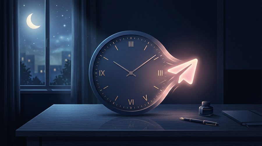 Jam dinding menyatu dengan tombol kirim di atas meja kerja malam dengan cahaya bulan lembut